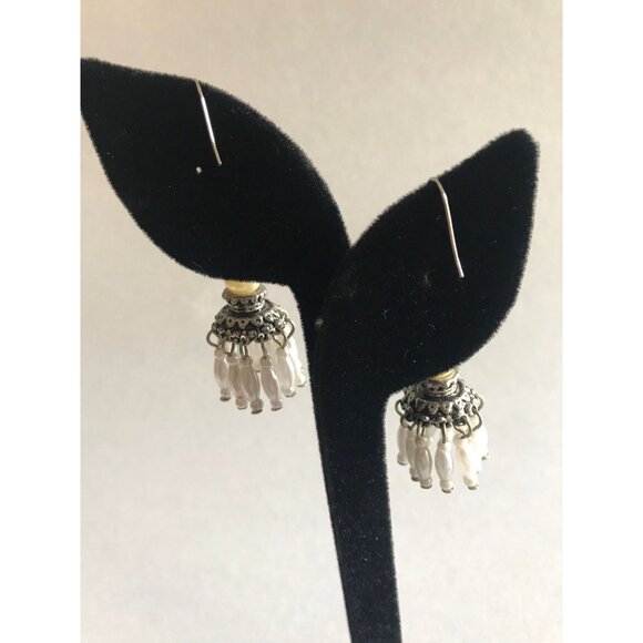 Vintage Double Pearl Pierced Wire Chandelier Dangle Earrings 11 Elongated - Picture 3 of 10